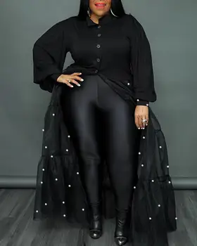 Boncuklu Dekor Kontrast Örgü Gömlek Elbise Kadın İlkbahar Yaz Gevşek Uzun Maxi Gömlek Elbise Siyah Moda Yüksek Bel