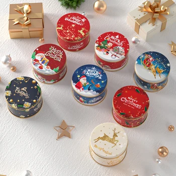 1 Adet Noel Şeker Teneke Dekoratif Yuvarlak Teneke Kutular Noel Şeker kurabiye ambalajı Kavanoz Mum Kapları Şeker Hediye Kutusu