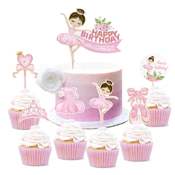 Pembe Balerin Kız Kek Topper Toppers Taç Elbise Çocuklar Mutlu Doğum Günü Düğün Parti Bebek Duş Pişirme Kek Tatlı DIY Dekor