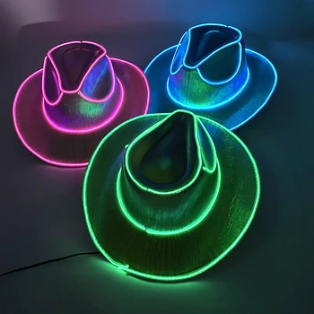 LED Batı kovboy şapkası Cowgirl Şapka Retro EL tel lambası Ağız Caz silindir şapka Gelin kovboy şapkası Cosplay Kovboy Kostüm Kadınlar Erkekler İçin