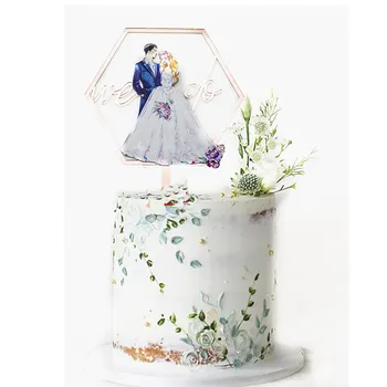Renkli Akrilik Düğün Pastası Topper Gül Altın Mrs.Mr Düğün için 3D Desenli Kek Toppers Nişanlandı Tatlı Süslemeleri