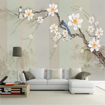 Özel Fotoğraf Duvar Kağıdı Çiçek 3D Yeni Çin Tarzı Basit Ve Zarif Manzara Çiçek Kuş Arka Plan Duvar Dekorasyon Tapety