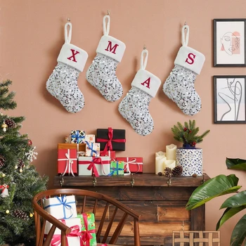 Noel Çorap Gümüş Özel Harfler Noel Çorap Merry Christmas Süslemeleri 2023 Noel Ağacı Süsleri Doğum hediye keseleri