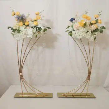 Avrupa Çiçek Standı Elektroliz Altın Metal Vazo Oditoryum Yol Rehberi Düğün Arka Plan Süslemeleri Kristal Zincir İle