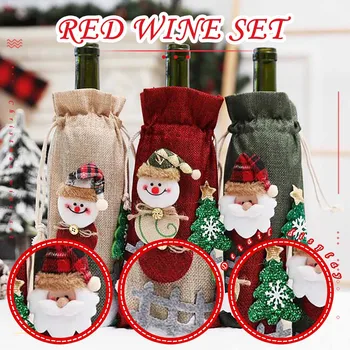 Hızlı Kargo Noel Şeyler Evi Süslemek için Kırmızı şarap şişe çantası Seti Ev Masa Dekorasyon Noel Malzemeleri новышод