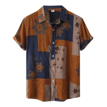 Vintage Baskı Gömlek Renk Blok Gömlek Yaka Yaka erkek Gömlek Kısa Kollu Retro Camisas Hombre Streetwear Kıyafetler Blusas