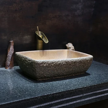 Taş Desen Sanat Masa Havzası Dikdörtgen Seramik Lavabo Banyo Çin Retro Masa Lavabo