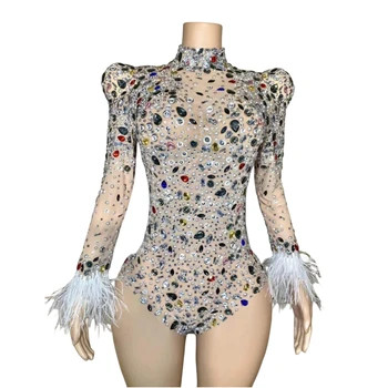 Rhinestone Gece Kulübü Kraliçe Bodysuit Kadınlar Sparkly Şarkıcı Dansçı Vücut Takım Elbise Kristaller Tüy Sahne Giyim Sürükle Kraliçe Kıyafet
