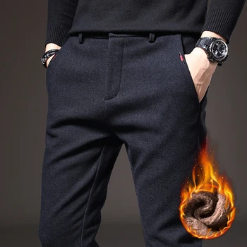 Marka Kış Yeni erkek Yün Sıcak Rahat pantolon İş Moda Polar Kalın Ofis Streç Pantolon Erkek Artı Boyutu 28-38